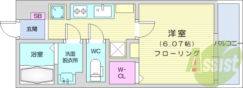 1K、浴室乾燥機、システムキッチン、バルコニー。