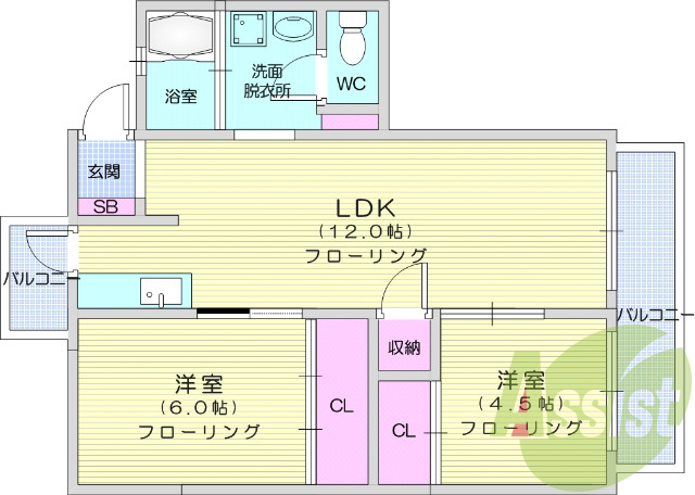 ２LDK、セパレート、南向き、２面バルコニー、各部屋収納