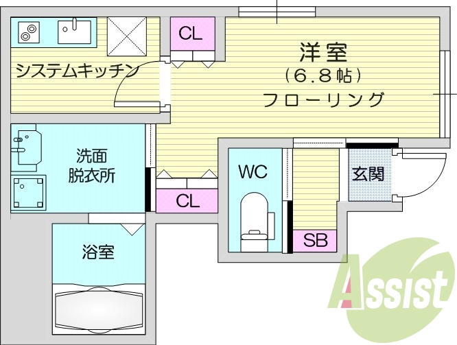1K、ネット無料、角部屋、システムキッチン、浴室乾燥機