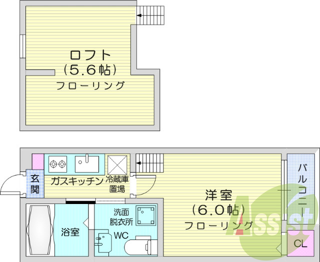 1K、エアコン、バストイレ別、ロフト、オートロック