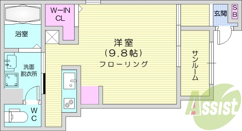 1K、エアコン、バストイレ別、浴室乾燥機、室内洗濯機置場