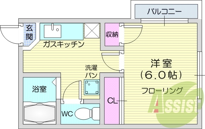 1K、エアコン、室内洗濯機置き場、トイレ浴室別、収納