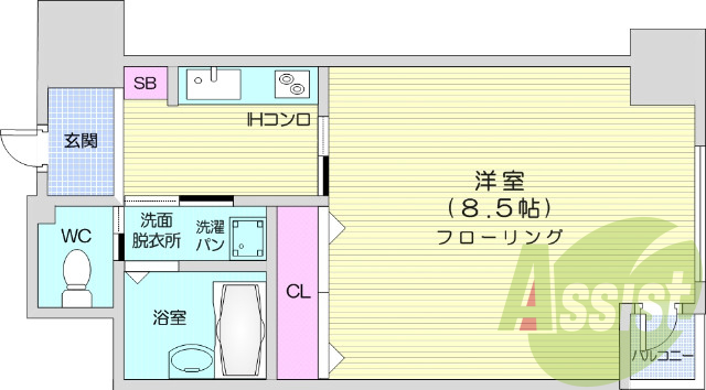 1K 西向き、バストイレ別、浴室乾燥機付き