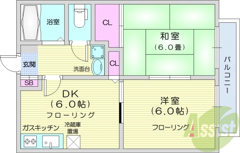 2DK、エアコン、バストイレ別、インターネット無料
