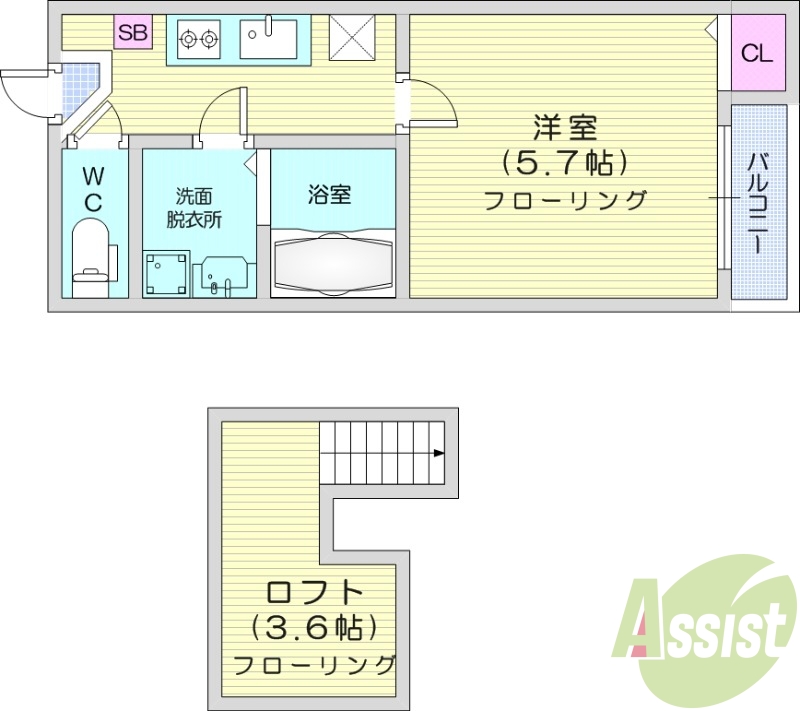 １K、ロフト、フローリング、エアコン、クローゼット