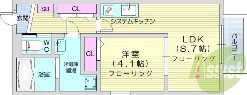 1LDK、エアコン、温水洗浄便座、浴室乾燥機