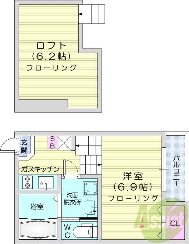 1R、ロフト、デザイナーズ、浴室乾燥機、システムキッチン