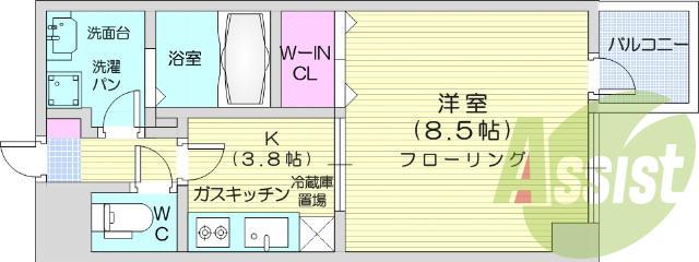 1K、温水洗浄便座、洗髪洗面化粧台、バストイレ別