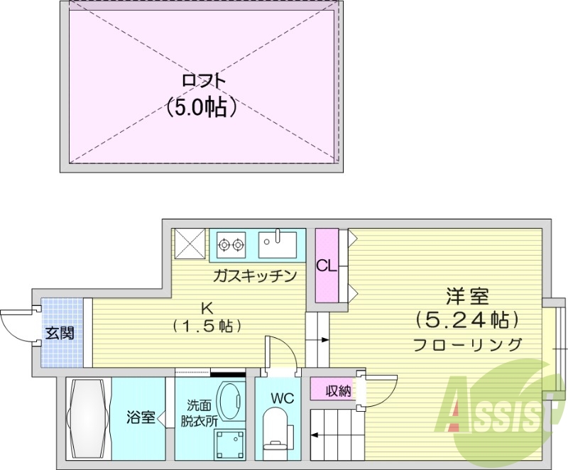 1K、ロフト、浴室乾燥機、インターネット無料
