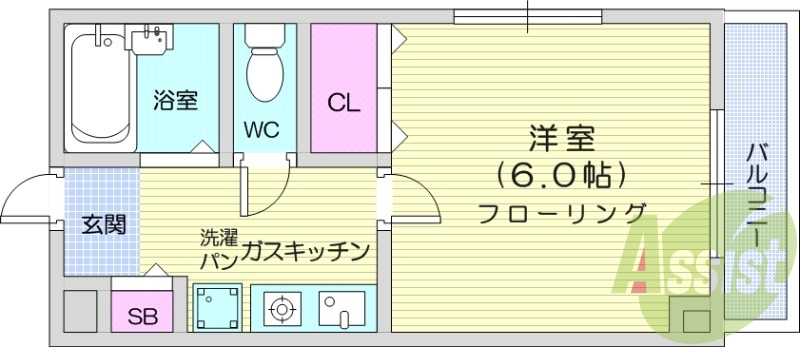 1K、エアコン、室内洗濯機置場、トイレ浴室別、クローゼット