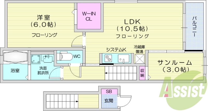 1LDK、サンルーム、南向き、ホームセキュリティ、ネット無料