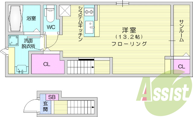 1K、フローリング、インナーテラス、浴室乾燥機、追焚給湯