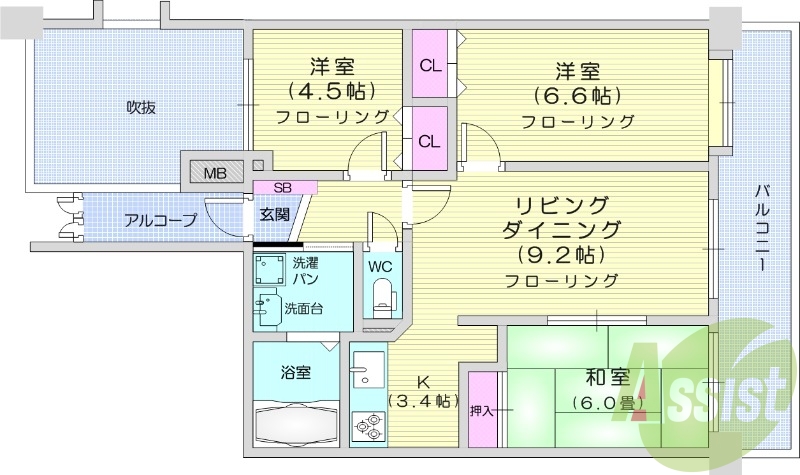 3LDK、独立洗面台、室内洗濯機置場、都市ガス