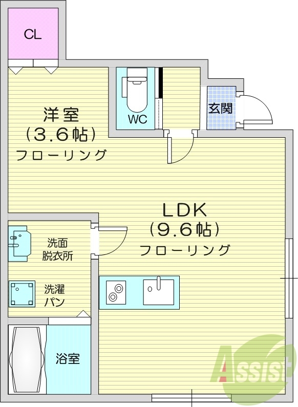 1LDK、追い炊き機能付き、温水洗浄便座付き、エアコン付き