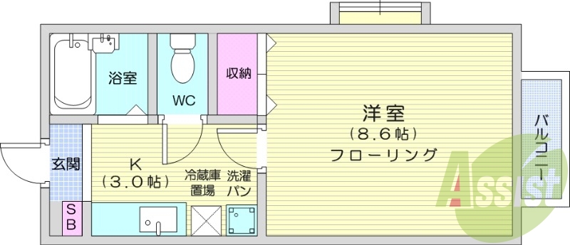 1K　南向き、バストイレ別、バルコニー、