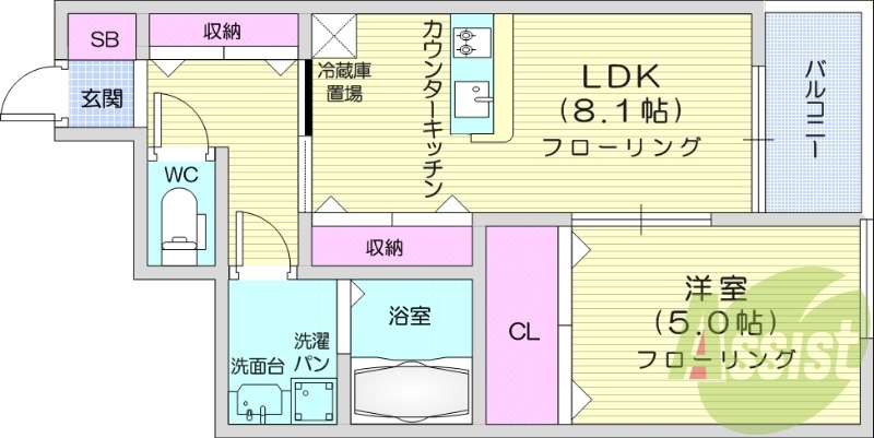 1LDK、インターネット無料、温水洗浄便座、浴室乾燥機付き