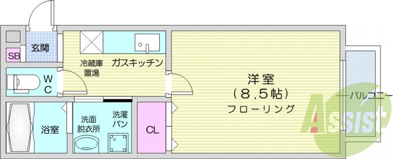 １Ｋ、駐車場有、Ｂ・Ｔ別、シャワー、浴室乾燥機。