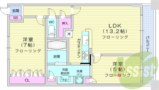 2LDK、システムキッチン、追い焚き、独立洗面台。エアコン