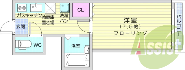 1K、バストイレ別、フローリング、TVインターホン