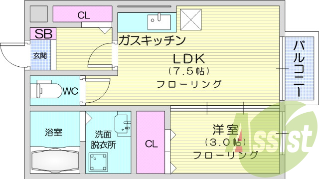 １DK、フローリング、エアコン、クローゼット、