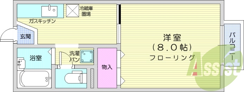 1K、陽当たり良好、ウォシュレット付きトイレ有り。