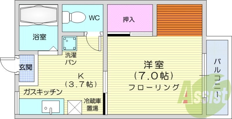 1K、バストイレ別、最上階、室内洗濯機置場、収納スペース