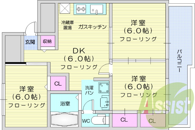 3DK、バストイレ別、温水洗浄便座付き、室内洗濯置場
