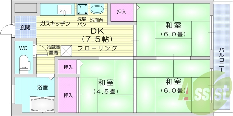 3DK、バストイレ別、陽当たり良好、室内洗濯置場