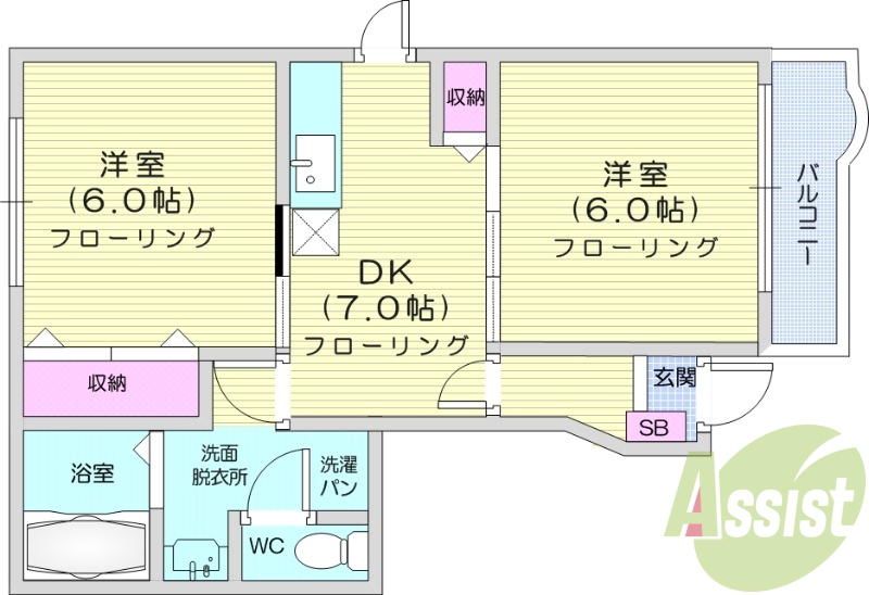 2DK、バストイレ別、エアコン、室内洗濯置場