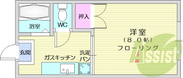 1K、押入、フローリング、室内洗濯機置場、バストイレ別