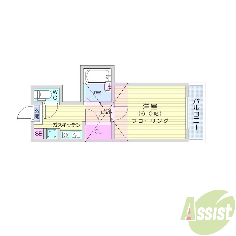 1K、都市ガス、インターネット対応、バストイレ別、バルコニー