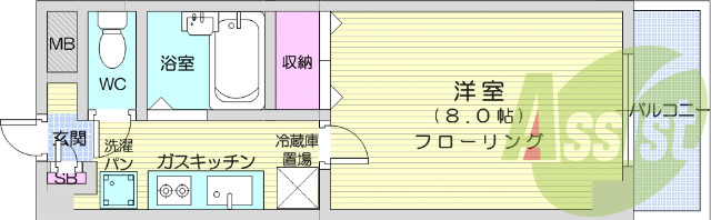 1Ｋ、バストイレ別、2口ガスコンロ設置可、ペット相談