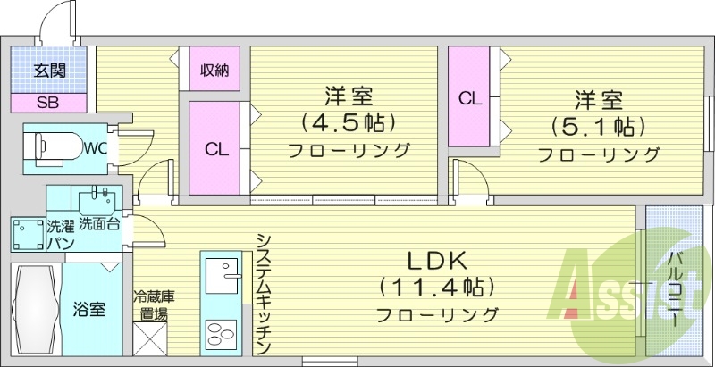 2LDK、エアコン2台、追い焚き機能あり。