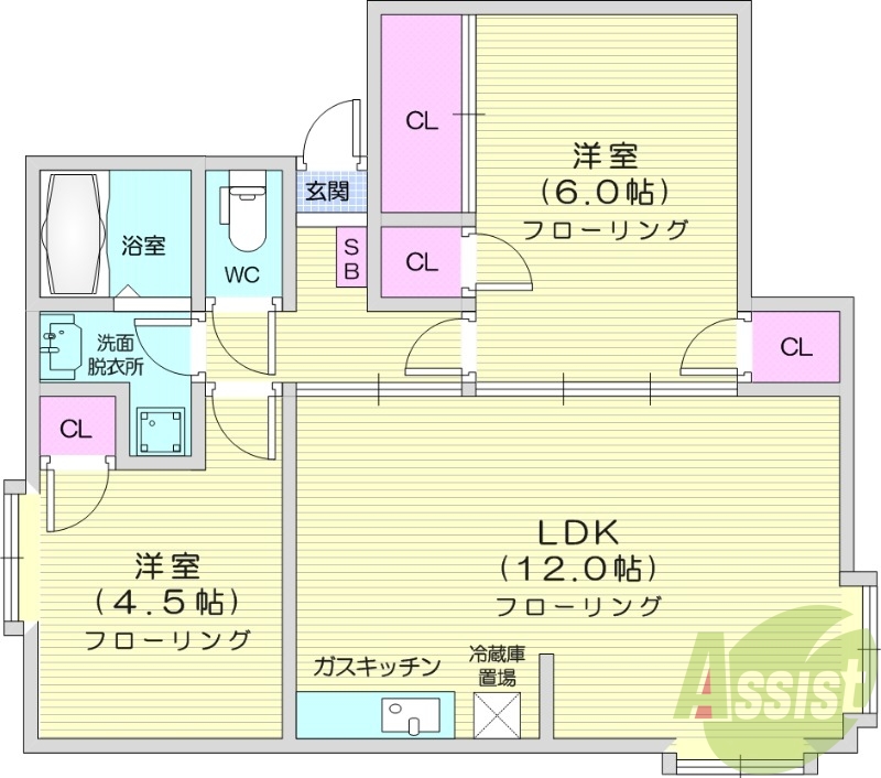 ２LDK、エアコン、独立洗面台、都市ガス、