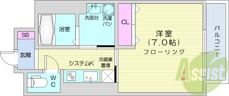 1K、エアコン付き、インターネット無料、独立洗面台付き