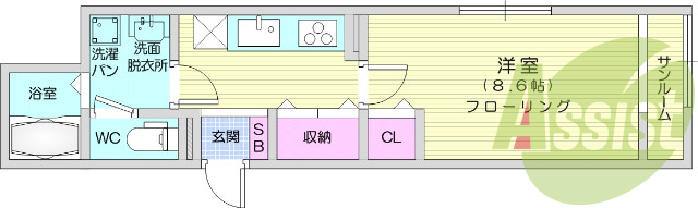 ※反転※　1Ｋ、インターネット無料、サンルーム