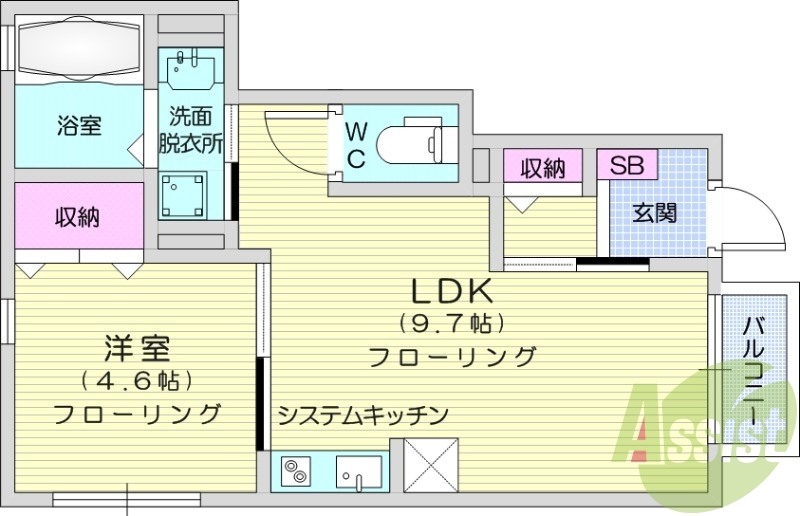 1LDK、IHクッキングヒーター、エアコン、浴室乾燥機