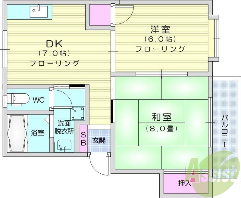 2DK、エアコン、光ファイバー、出窓、ベランダ、洗濯機置場