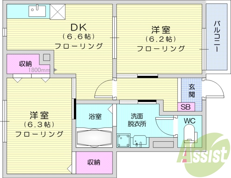 2DK、エアコン、角部屋、モニター付きインターホン
