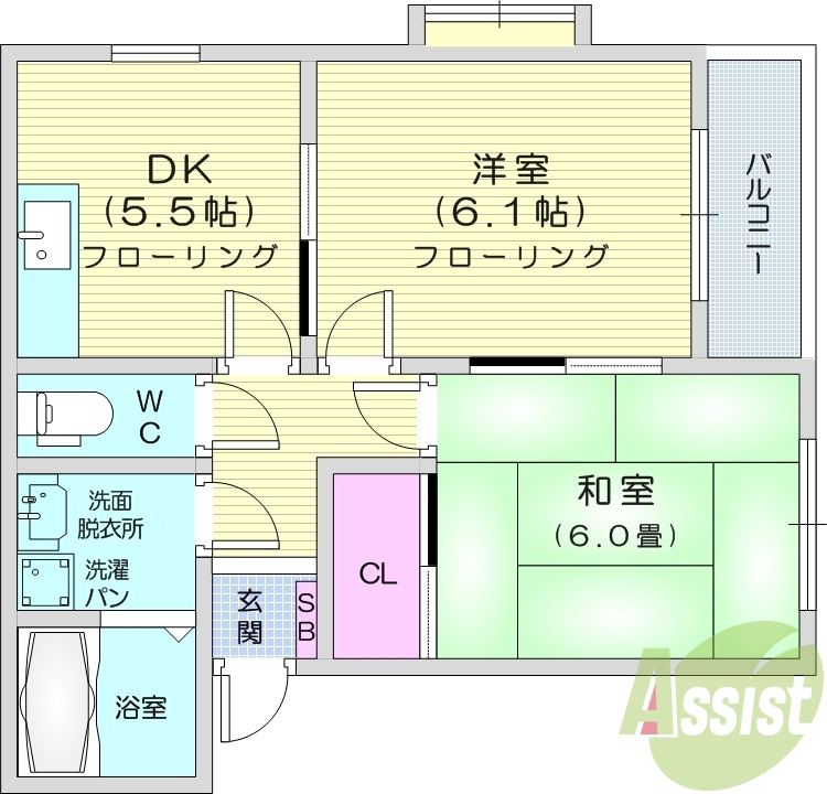 2DK、追い焚き、エアコン、BS、独立洗面台、物置