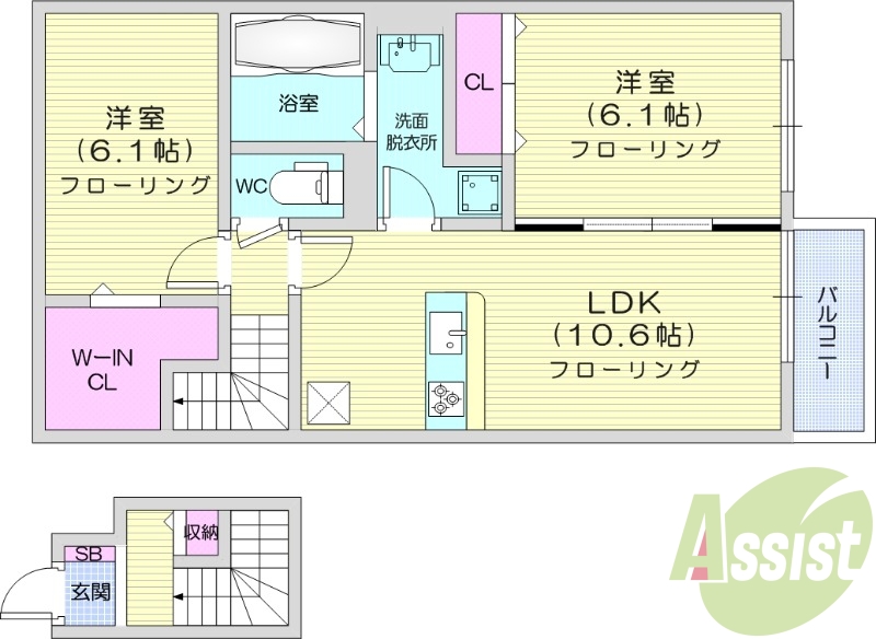 2LDK、バルコニー、都市ガス、バストイレ別、追い焚き給湯