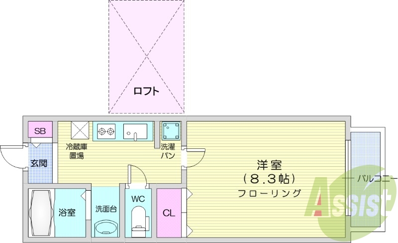 1K、南向き開口部、追い焚き機能付き浴室、独立洗面化粧台有り