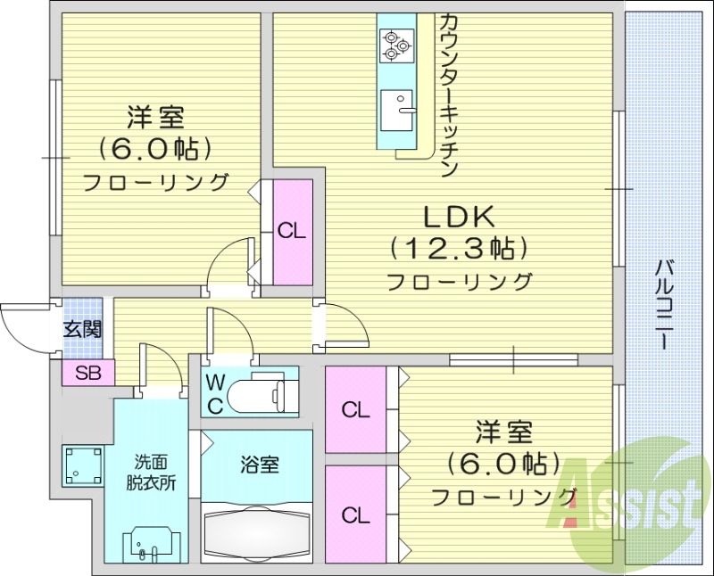 2LDK、設備充実、カウンターキッチン、