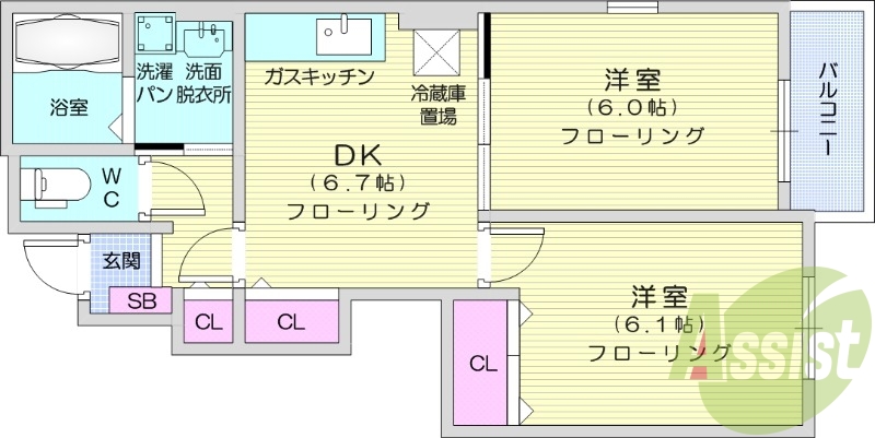2DK、フローリング、都市ガス、モニター付きインターホン