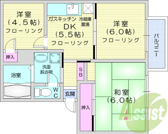 3DK、角部屋、バストイレ別、追い焚き給油