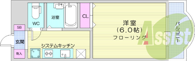 1K、都市ガス、インターネット無料、バス・トイレ別