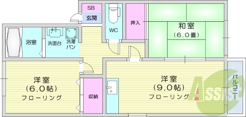 2DK、バス・トイレ別、モニター付きインターホン