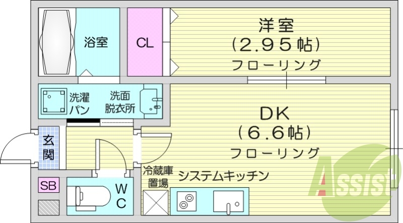 1DK、バストイレ別、エアコン、システムキッチン。