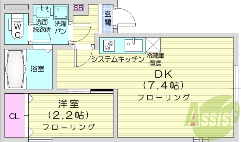 1DK、バストイレ別、エアコン、システムキッチン。