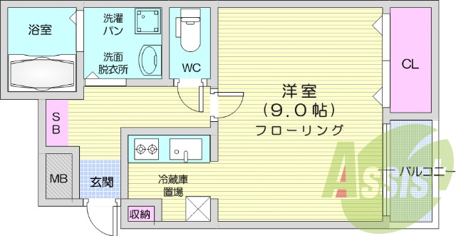 独立洗髪洗面化粧台、バストイレ別、浴室乾燥